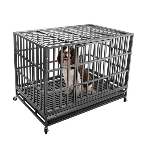 confote 47Inch Heavy Duty Dog Kennel Strong Metal Dog Cage Pet Crate for Medium and Large Dogs with Four Lockable wheels, Removeable Tray
