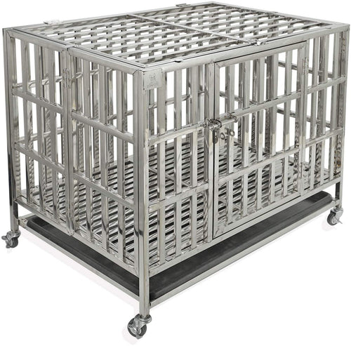confote Heavy Duty Stainless Steel Dog Cage Kennel Crate and Playpen for Training Large Dog Indoor Outdoor with Double Doors & Locks Design Included Lockable Wheels Removable Tray No Screw