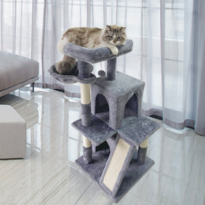 Confote 42 inches Cat Tree with Scratching Board, 2 Luxury Condos, Cat Tower with Padded Plush Perch and Cozy Basket