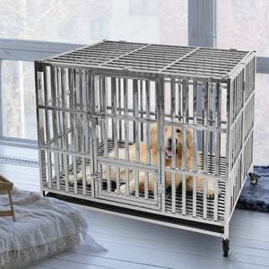 confote Heavy Duty Stainless Steel Dog Cage Kennel Crate and Playpen for Training Large Dog Indoor Outdoor with Double Doors & Locks Design Included Lockable Wheels Removable Tray No Screw