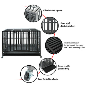 confote 47Inch Heavy Duty Dog Kennel Strong Metal Dog Cage Pet Crate for Medium and Large Dogs with Four Lockable wheels, Removeable Tray