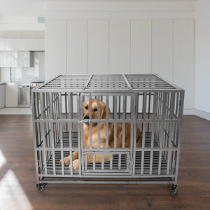 Confote 37"/47" Heavy Duty Dog Kennel Strong Metal Dog Cage Pet Crate for Small/Medium/Large Dogs with Four Lockable Wheels, Removeable Tray(Stretching Install)