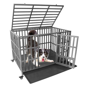 Confote 37"/47" Heavy Duty Dog Kennel Strong Metal Dog Cage Pet Crate for Small/Medium/Large Dogs with Four Lockable Wheels, Removeable Tray(Stretching Install)