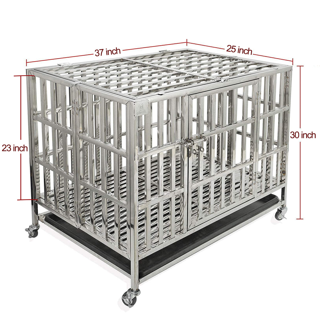 confote Heavy Duty Stainless Steel Dog Cage Kennel Crate and Playpen for Training Large Dog Indoor Outdoor with Double Doors & Locks Design Included Lockable Wheels Removable Tray No Screw