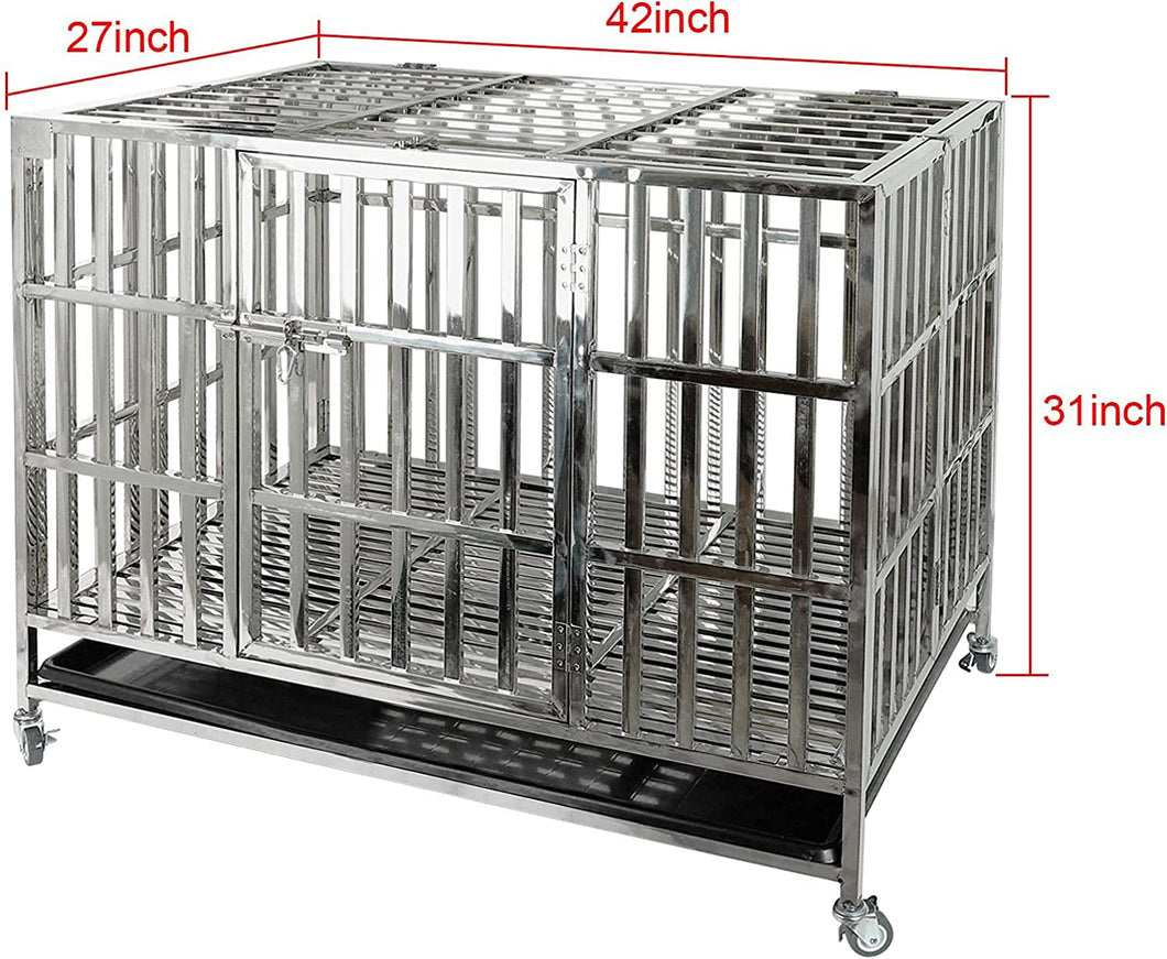 confote Heavy Duty Stainless Steel Dog Cage Kennel Crate and Playpen for Training Large Dog Indoor Outdoor with Double Doors & Locks Design Included Lockable Wheels Removable Tray No Screw