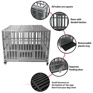 Confote 37"/47" Heavy Duty Dog Kennel Strong Metal Dog Cage Pet Crate for Small/Medium/Large Dogs with Four Lockable Wheels, Removeable Tray(Stretching Install)