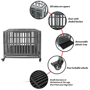 Confote 37"/47" Heavy Duty Dog Kennel Strong Metal Dog Cage Pet Crate for Small/Medium/Large Dogs with Four Lockable Wheels, Removeable Tray(Stretching Install)