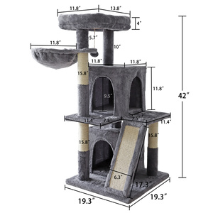 Confote 42 inches Cat Tree with Scratching Board, 2 Luxury Condos, Cat Tower with Padded Plush Perch and Cozy Basket